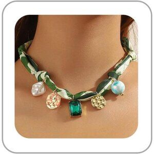 Boho Silk Scarf Necklace with Pendant – Vintage Bandana Choker, Adjustable